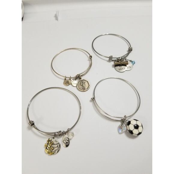 FOUR bracelets 2 1/2 " 1-Alex & Ani with J/ 1-grad bracelet/1- daughter/1-soccer - Picture 1 of 16